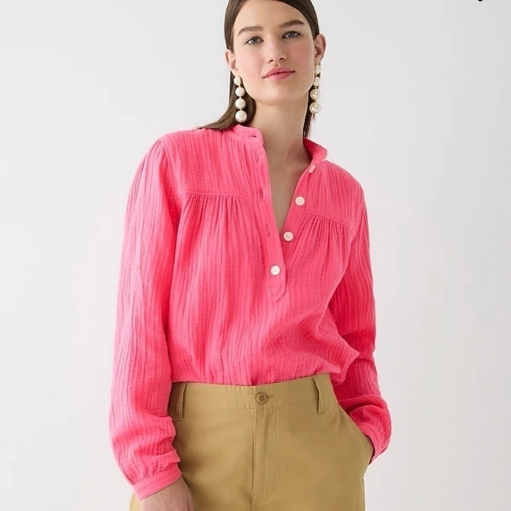 J Crew Blouse Fresco Top Soft Gauze Long Sleeve Pink Womens Boho Shirt Sz XS
